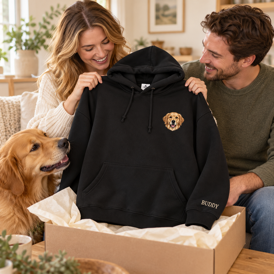 Gift-giving styling concept with a personalized pet hoodie